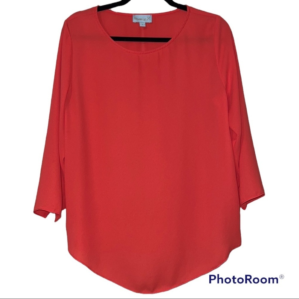Veronica M. large blouse round neck 3/4 sleeve sheer orange polyester pre owned - Picture 8 of 8
